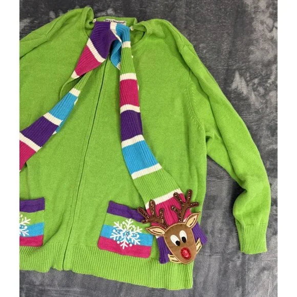 Vintage Women's Full Zip Green Sweater W/ Festive Scarf 3X Tiara International - Picture 8 of 10